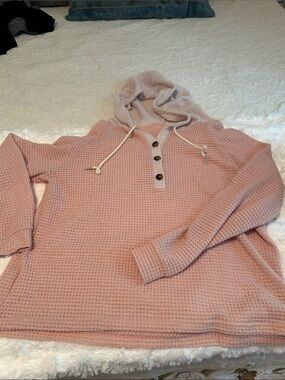 Light Pink Waffle Knit Hooded Pullover Sweater